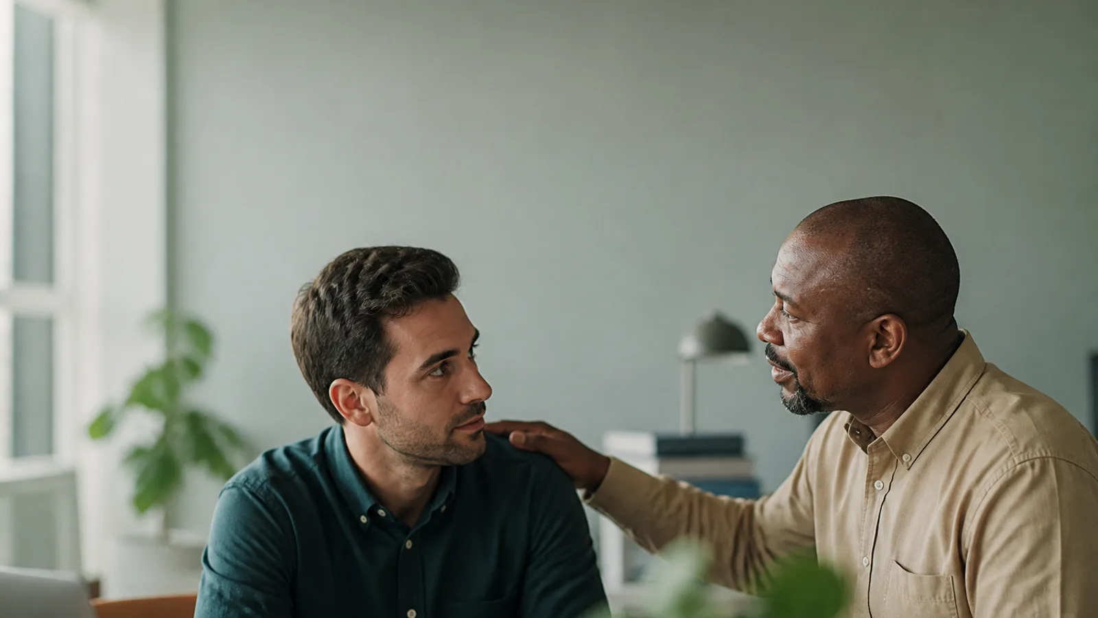 A leader placing a hand on a colleague's shoulder in an encouraging gesture during a quiet one-on-one conversation