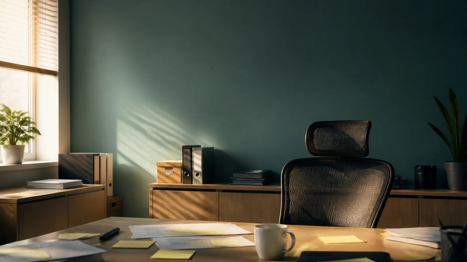 An empty office chair at a manager's desk, cluttered with sticky notes and an untouched cup of coffee, morning light through the blinds