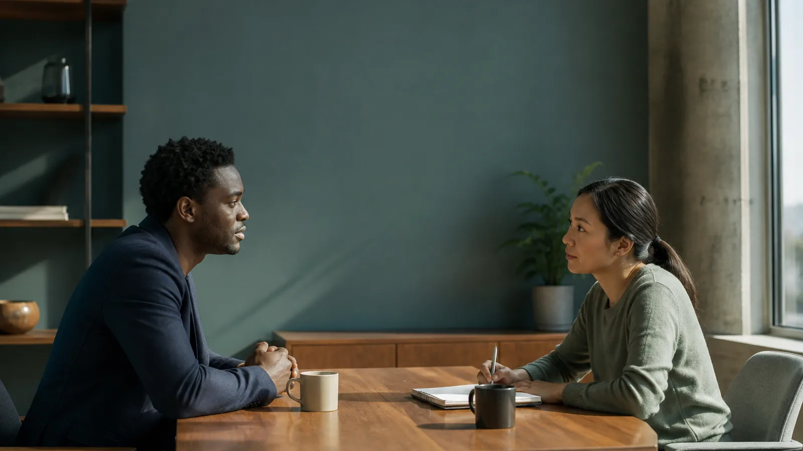 A hiring manager and a candidate seated at a small table in a quiet office, talking, with a notepad and two coffee cups between them