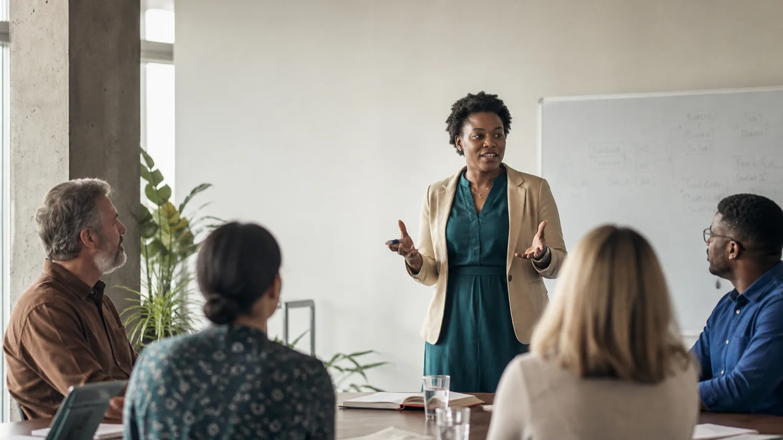 A facilitator standing at the front of a conference room leading a workshop, whiteboard notes visible, small group seated around a table