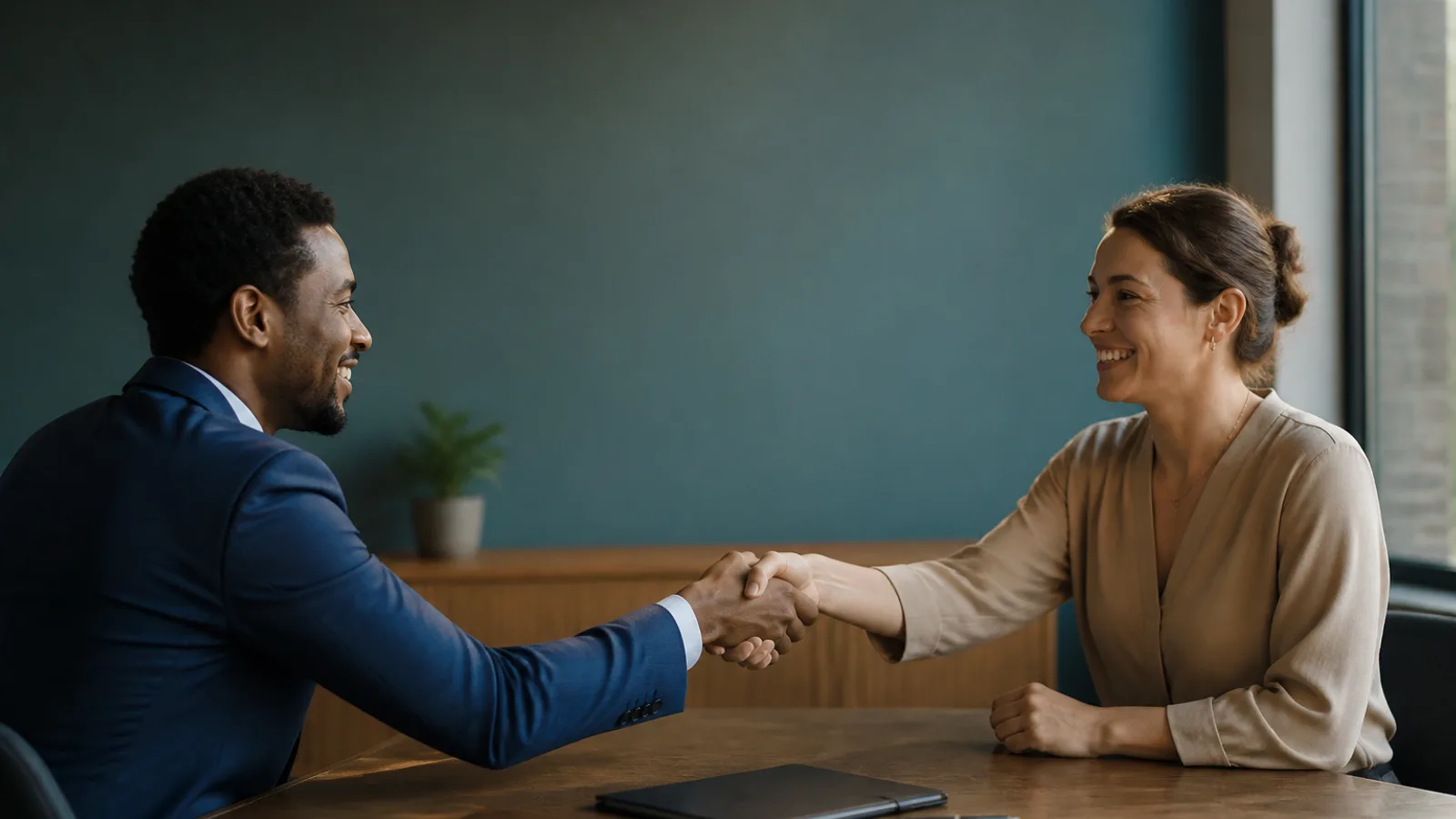 Two people shaking hands across a conference table after a job interview, a folder and pen visible on the table