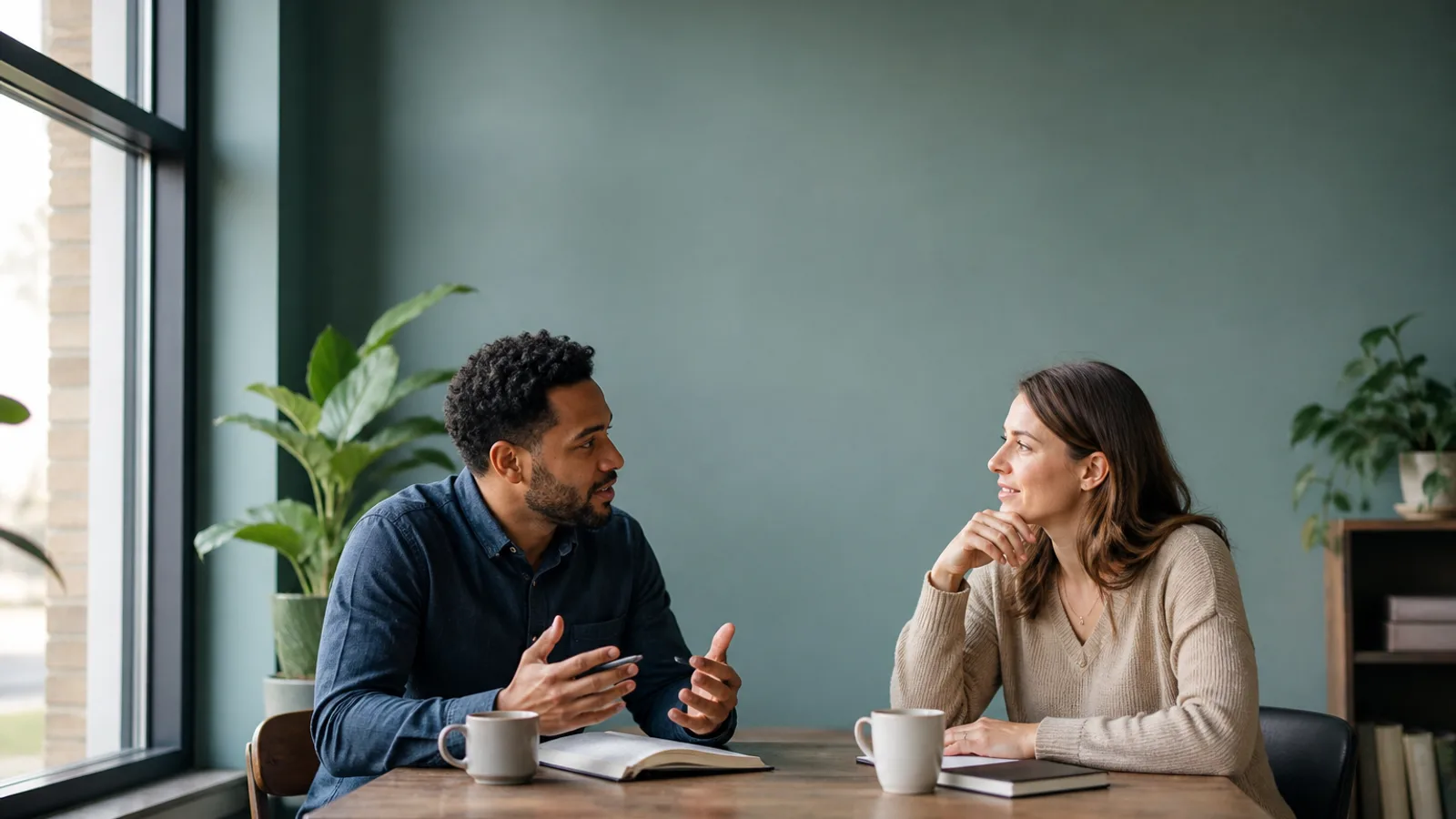 A leader and a coach in a quiet conversation at a small table, coffee cups between them, mid-discussion