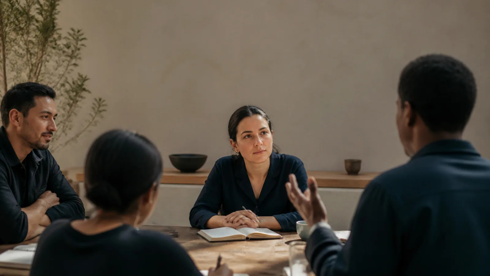 A leader sitting quietly with a small team, listening intently rather than presenting, notebook open on the table