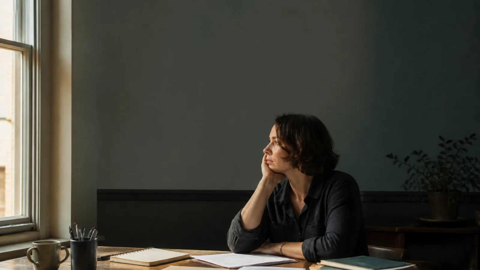 A person sitting alone at a desk, head resting on one hand, looking out a window, papers scattered in front of them