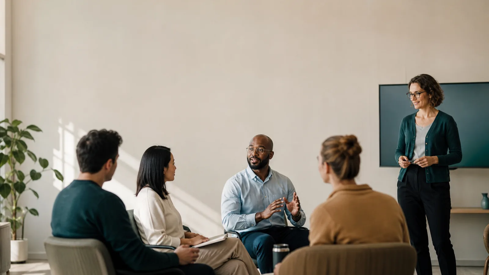 A facilitator standing near a screen while a small group sits in a semi-circle, mid-conversation, in a bright meeting room