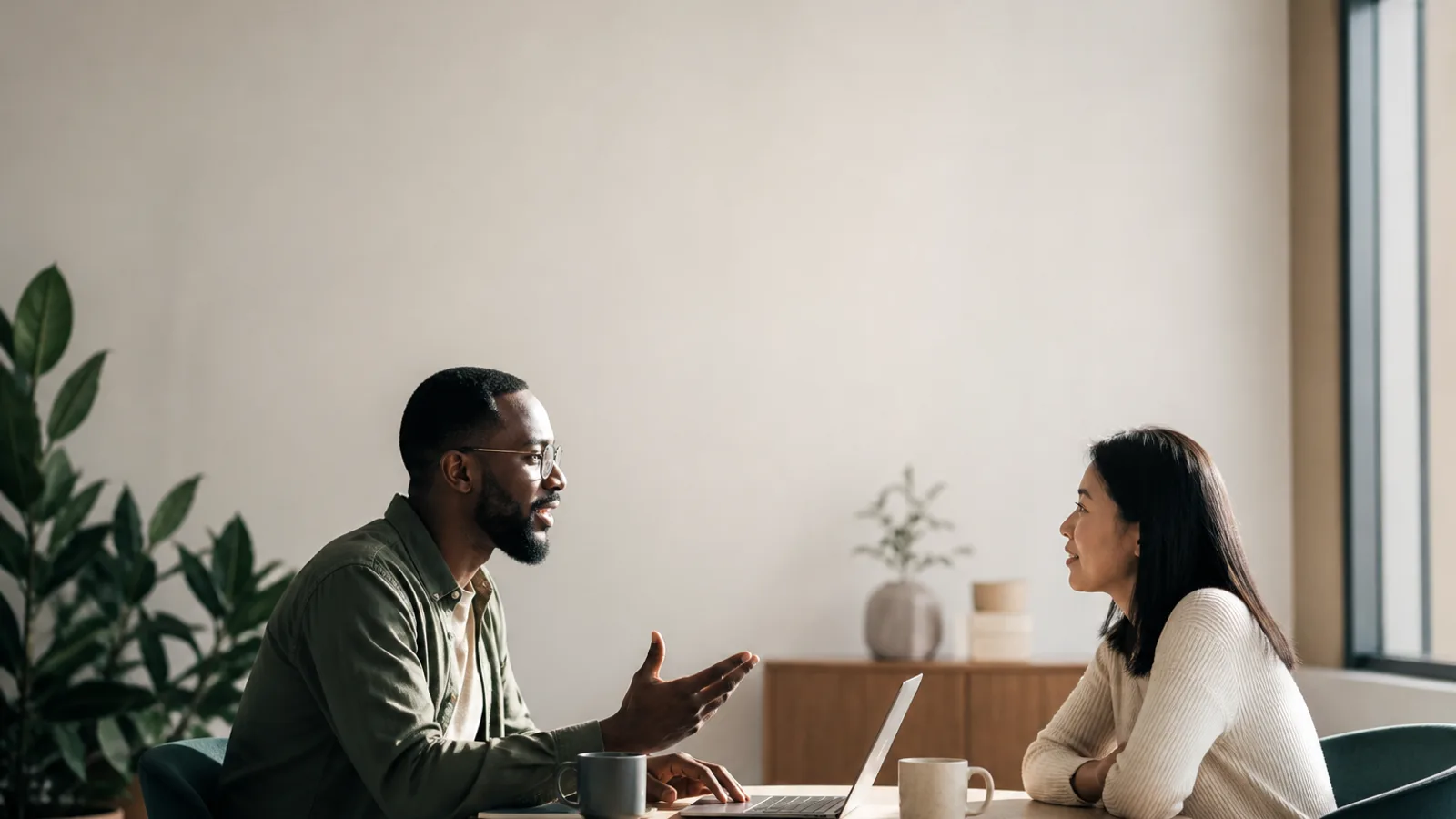 A man gestures mid-sentence across a table at a woman who is listening closely, laptop and coffee mugs between them in a sunlit meeting room