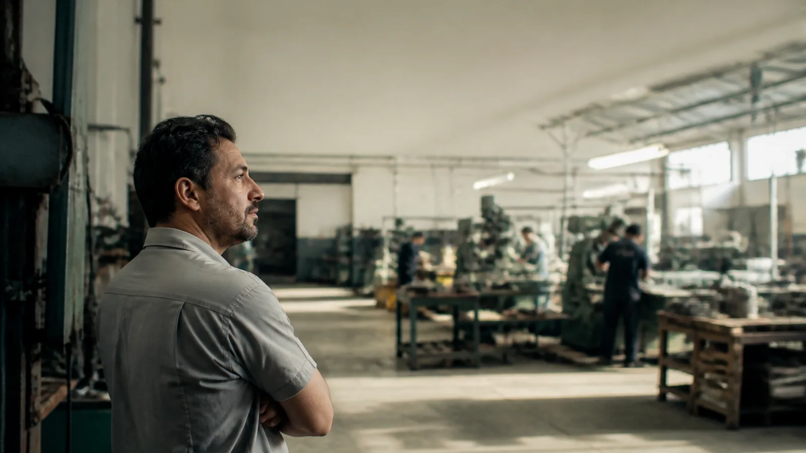 A manufacturing team lead standing at the edge of a factory floor, arms crossed, looking toward a group of workers in the distance