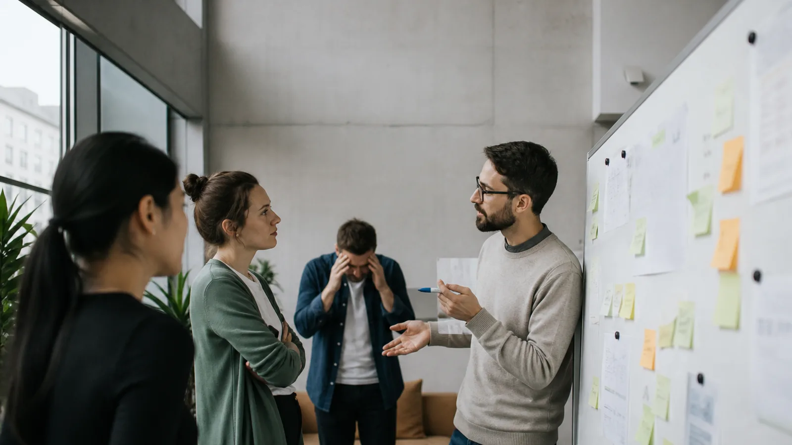 A team standing around a whiteboard covered in a strategic plan, one person visibly overwhelmed while others continue discussing