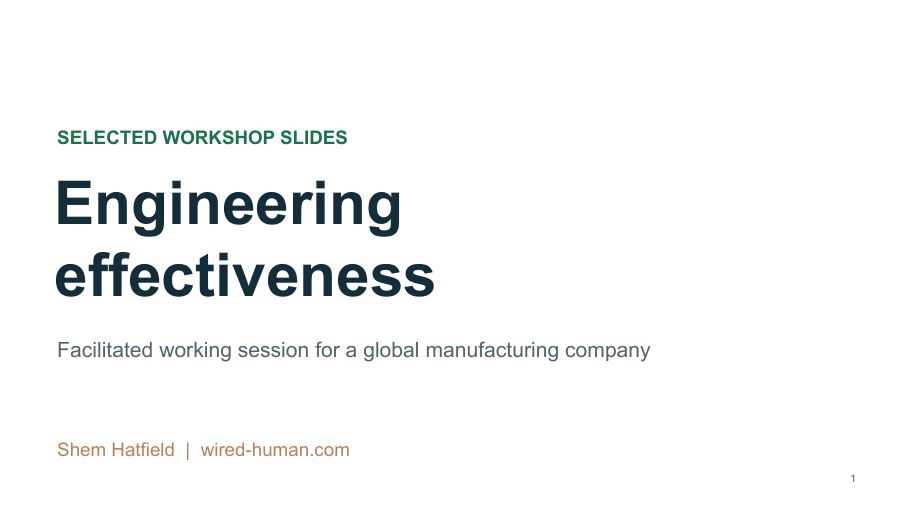Title slide for Engineering Effectiveness, a facilitated working session for a global manufacturing company