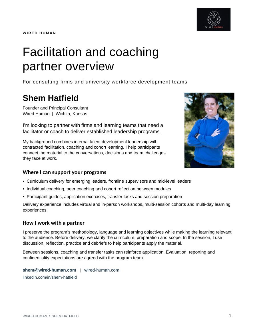 Partner Overview for Shem Hatfield, Founder and Principal Consultant at Wired Human, with a photo, where he can support partner programs, and how he works with a partner
