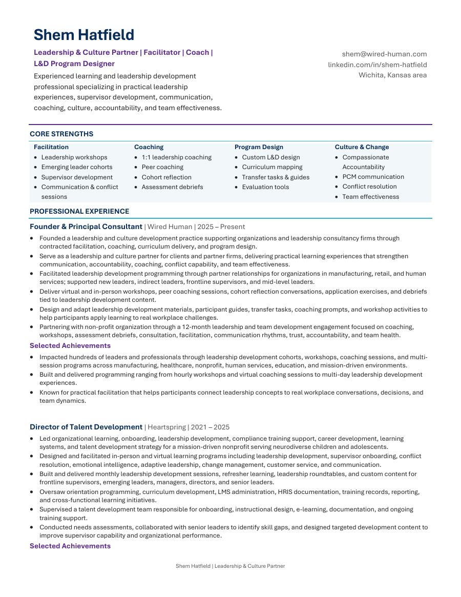 Shem Hatfield's resume: core strengths, experience as founder of Wired Human and Director of Talent Development at Heartspring, education, and certifications